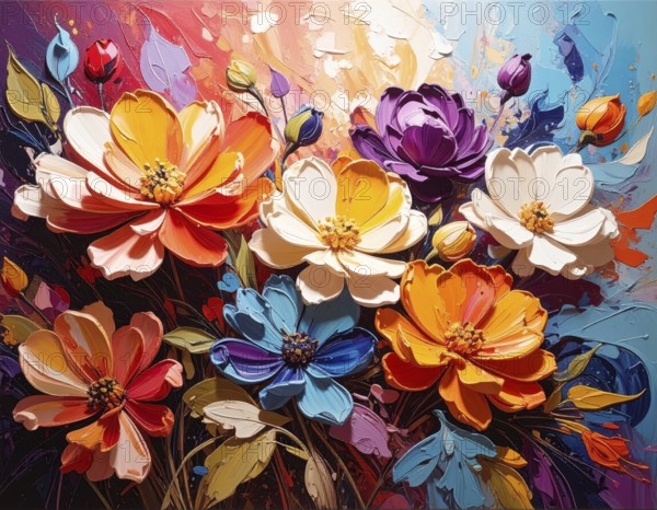 Closeup of abstract rough colorful multicolored organic floral spring flowers art painting texture,