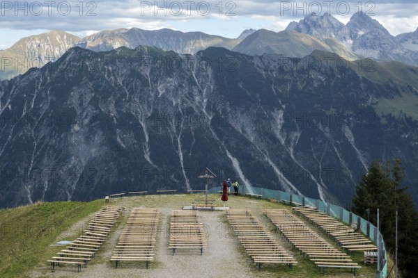 Seating and cruez for mountain service at Schlappoldsee station of the Fellhorn cable car, in the
