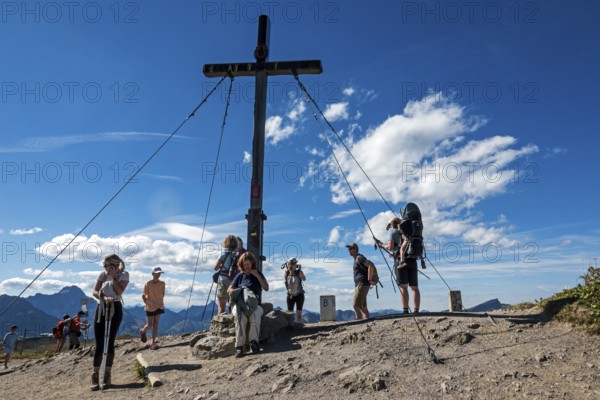 Summit with Fellhorn summit cross, Oberstdorf, Oberallgäu, Allgäu, Bavaria, Germany
