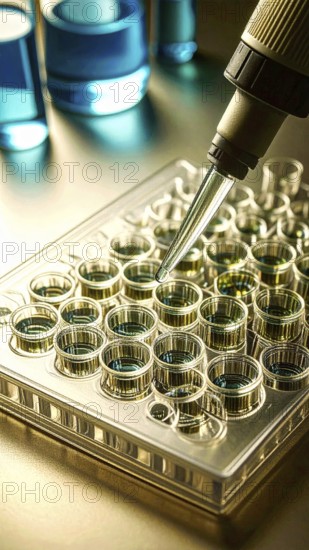 Pipette approaches a golden multiwell plate amid warm lab glow, Pipette dispensing a liquid onto a