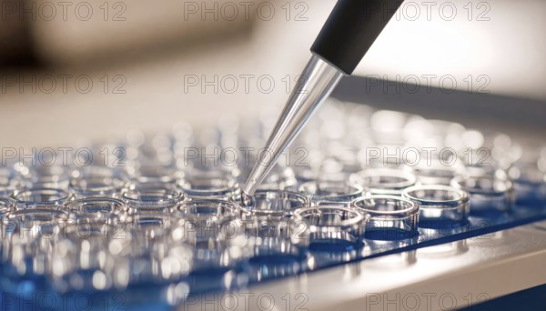 Twin pipette tips align above circular wells on a blue microplate, Pipette dispensing a liquid onto