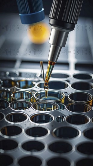 Automated pipetting hovers over reflective wells in an industrial lab mood, Pipette dispensing a