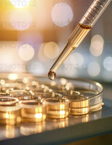 Amber light highlights a pipette poised above circular wells, Pipette dispensing a liquid onto a