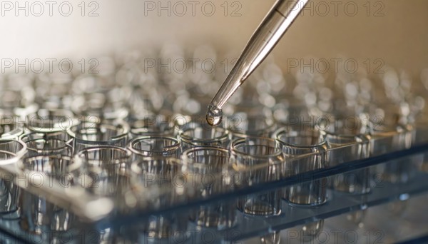 A suspended droplet approaches glass wells on a cool-toned lab plate, Pipette dispensing a liquid