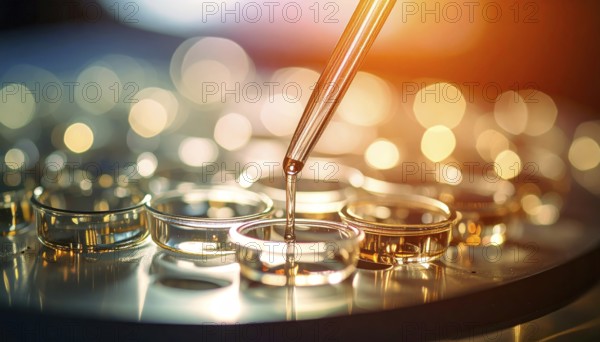 Golden light bathes a pipette as reagent flows into clear wells with dreamy bokeh, Pipette