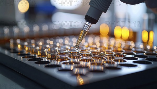 A forming droplet glints above metal wells lit by amber lab lights, Pipette dispensing a liquid