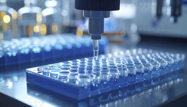 Automated pipette aligns over a blue microplate, a droplet forming in a high-throughput lab setup,