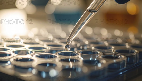 A droplet descends from a pipette toward reflective wells under mixed warm and cool light, Pipette