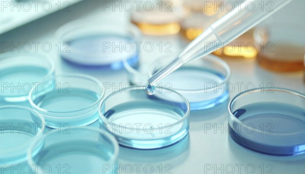 A pipette releases a drop into blue petri dishes in a bright clinical setting, Pipette dispensing a