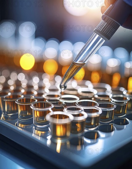 A pipette releases a drop toward glowing wells filled with warm reagent, Pipette dispensing a