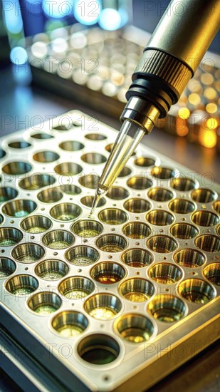 A precision pipette targets golden microplate wells in a vibrant lab scene, Pipette dispensing a