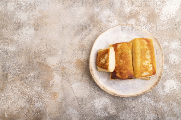 Fried crispy pancakes with meat and cheese on brown concrete background. top view, flat lay, copy
