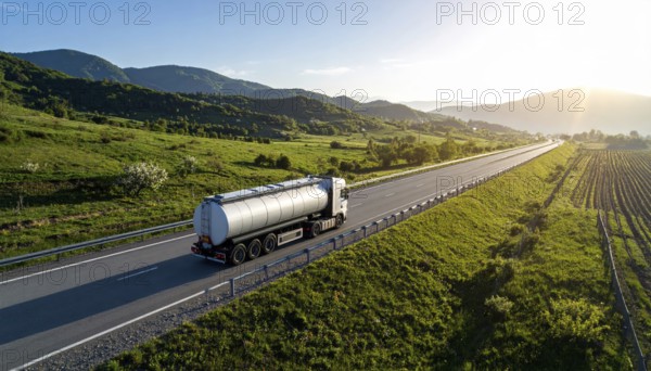 Petrol cargo truck lorry tanker driving on highway hauling oil products at sunrise, wide hilly