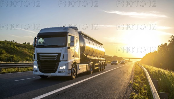 Petrol cargo truck lorry tanker driving on highway hauling oil products at sunrise, wide hilly