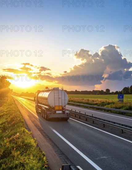 Petrol cargo truck lorry tanker driving on highway hauling oil products at sunrise, wide hilly