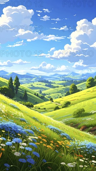 Fresh summer hilly Landscape with blooming Meadow, green plants, Blue Sky with cloudy sky, serene