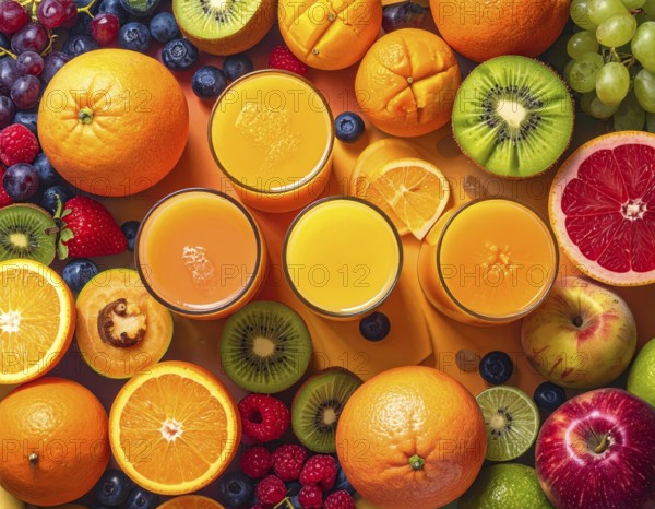 Fresh fruit juices in glasses, surrounded by colorful fruits, showcasing healthy drinking and