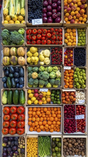 Fresh fruits and vegetables in a market display, aerial view perpendicular top down, healthy eating