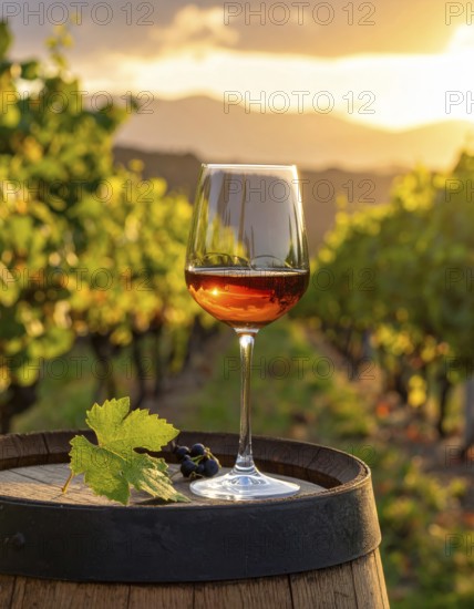 A glass of 10-year-old tawny wine placed on a barrel in a vineyard restaurant, vineyard landscape