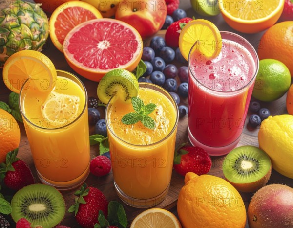 Fresh fruit juices in glasses, surrounded by colorful fruits, showcasing healthy drinking and