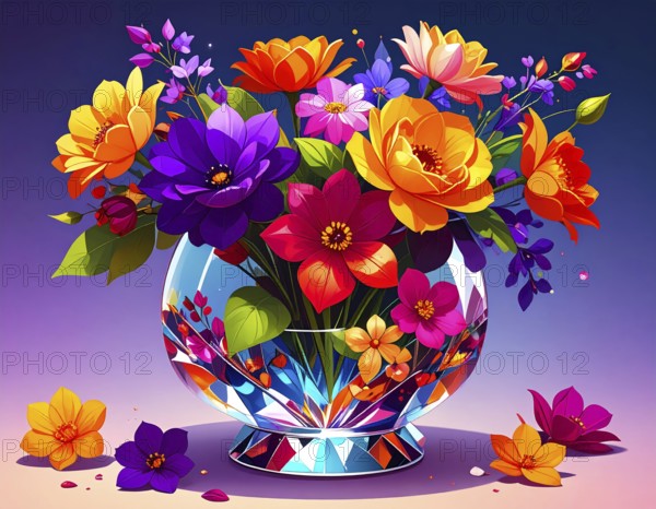 Crystal glass vase with vibrant blooming flowers, vibrant vector drawing illustration for fresh