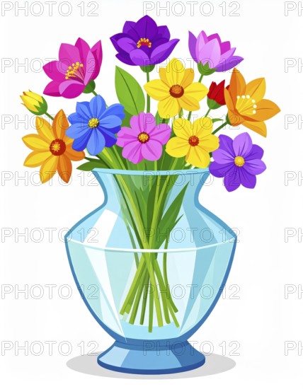 Crystal glass vase with vibrant blooming flowers, vibrant vector drawing illustration for fresh