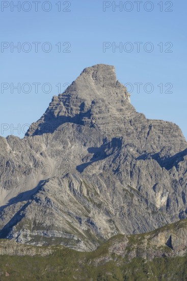 Mountain panorama from the Koblat-Höhenweg on the Nebelhorn across the Obertal with lush green
