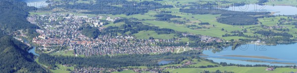 Panorama of Tegelberg, 1881m, on Füssen with historic old town, the Lech and behind it the