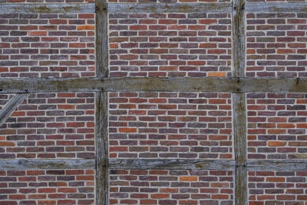 Brick wall and wooden beams on a half-timbered house, Legden, Münsterland, North Rhine-Westphalia,