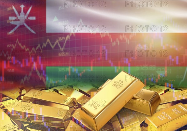 Gold bars on Oman flag in background. Gold bars stacked on Omani flag. Concept of Oman gold