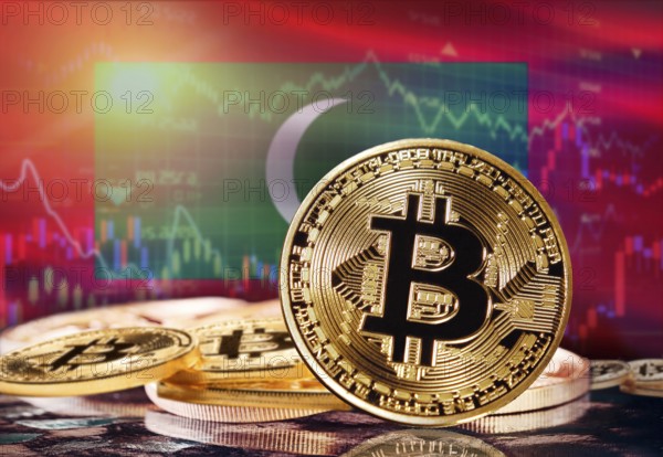 Bitcoin with Maldives flag in the background. Investors in cryptocurrency and Blockchain Technology
