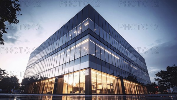 Modern building reflecting sunset light at dusk. Abstract Futuristic Business Background, AI