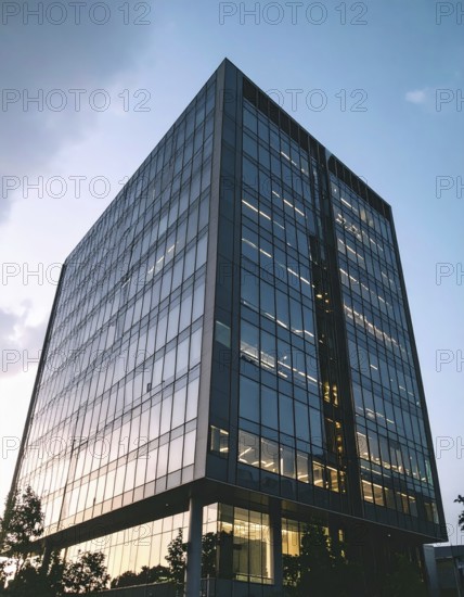Modern building reflecting sunset light at dusk. Abstract Futuristic Business Background, AI