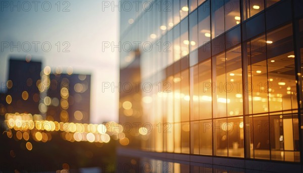 Modern building reflecting sunset light at dusk. Abstract Futuristic Business Background, AI