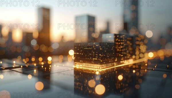 Modern building reflecting sunset light at dusk. Abstract Futuristic Business Background, AI