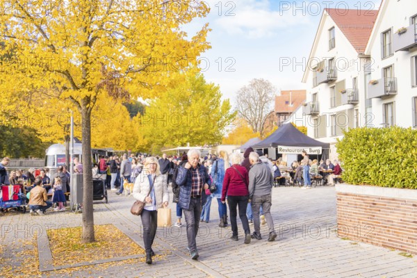 People enjoy an autumn day in a street café under golden trees, Urschelherbst street festival,
