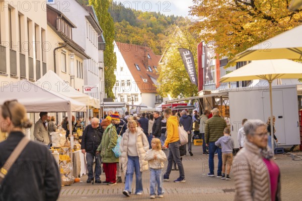 Busy street with families and stalls in an old town under autumn trees, Urschelherbst street