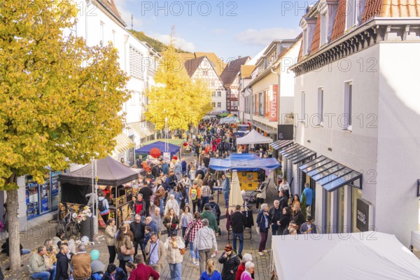 A long market street full of people in autumn surrounded by half-timbered houses and yellow trees,
