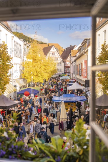 View from the window of a lively street with market stalls and an autumnal atmosphere in the old