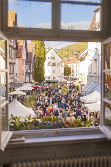 Observer's view from the window of a busy street with market stalls and people, framed by historic
