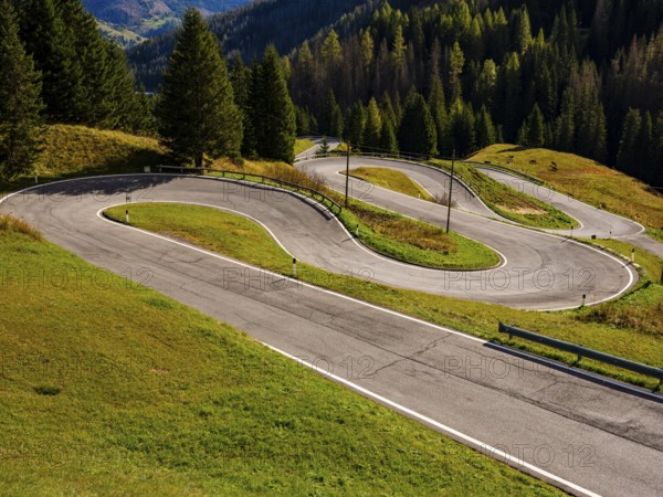 Pass road with many hairpin curves, Dolomite Road, Passo Pordoi, Dolomites, Alps, Belluno province,