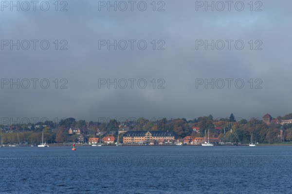 Kiel Fjord, Holtenau district, Kiel, historic sewer packing house, storage, sailing yachts, church