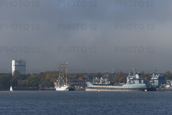 Kiel naval port, district of Wik, sailing school ship Gorch Fock in their home port, fuel