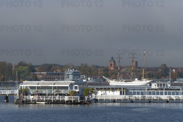 Kiel naval port, district of Wik, sailing school ship Gorch Fock in their home port, supply ship