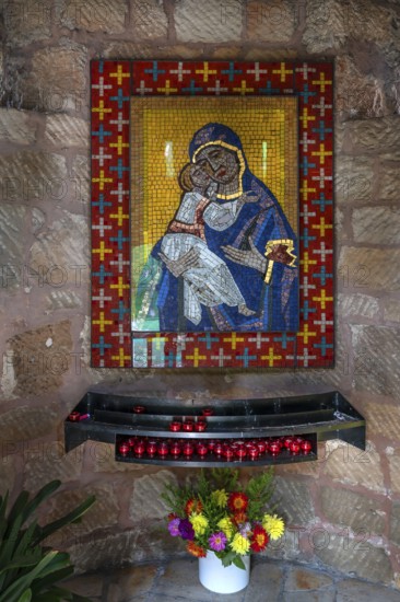 Mariengrotto with a mosaic of Mary in the fortified church defence tower, Hannberg, Middle