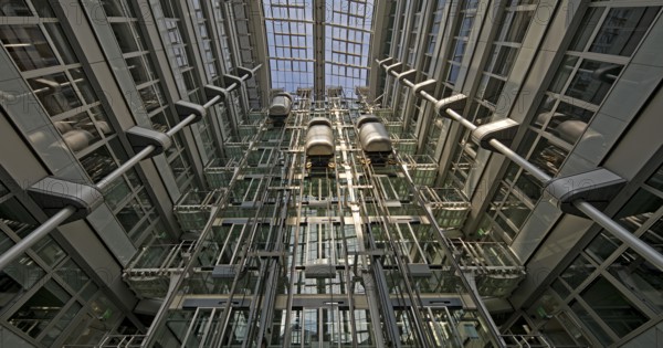 Atrium with three panoramic lifts, interior lift, Ludwig-Erhard-Haus, abbreviated LEH,