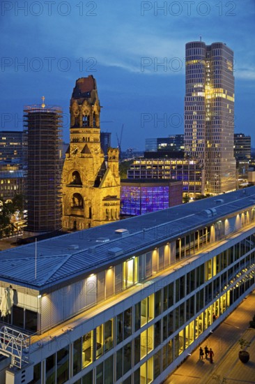 Bikini Berlin with Kaiser Wilhelm Memorial Church from an elevated position in the evening,