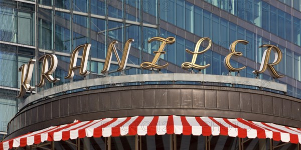 Historic logo of Café Kranzler with modern office building on Kurfürstendamm, Charlottenburg,