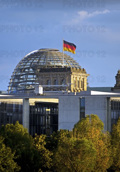 Reichstag dome with German flag, German Bundestag, government district, Berlin, Germany