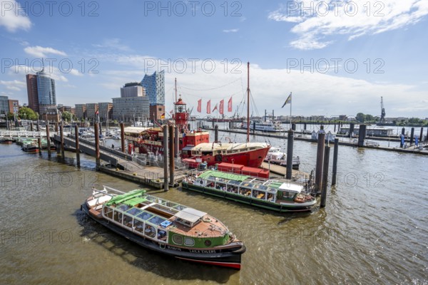 Boats at the city sports harbour in the Elbe, in the back Hafencity with Elbphilharmonie and